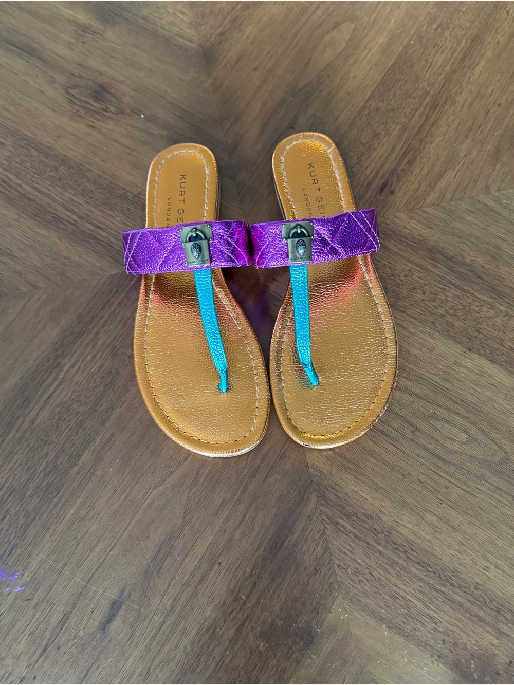 Kurt Geiger Metallic Purple and Teal Leather Thong Sandals - Picture 2 of 5